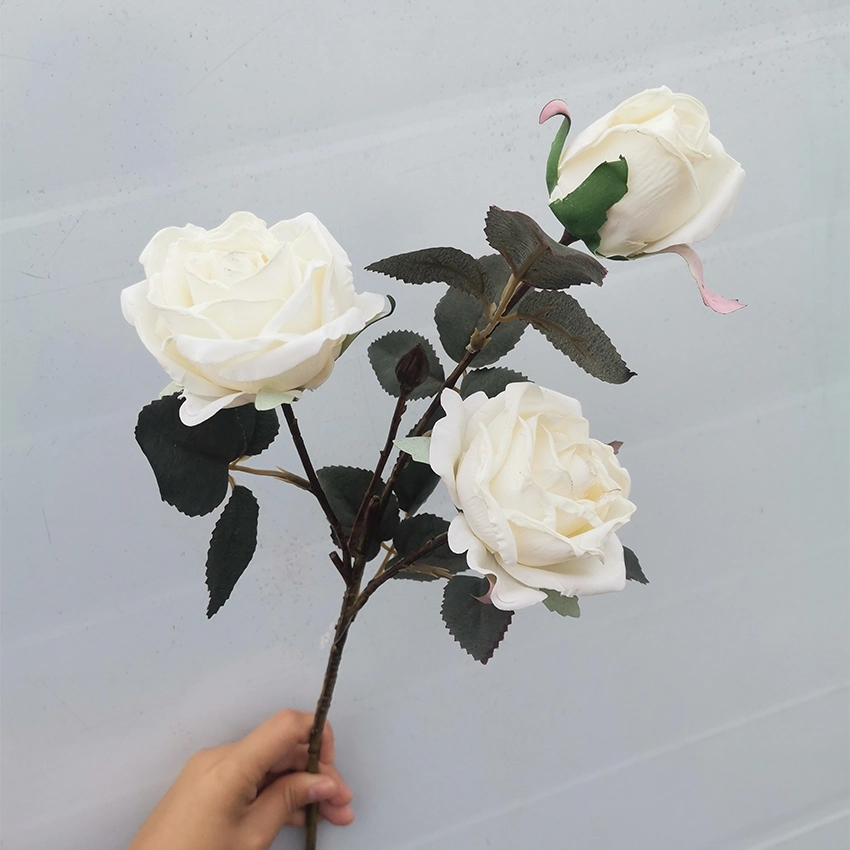 Handmade Luxury Silk Flower 3 Heads Artificial Rose Flower for Wedding Decoration