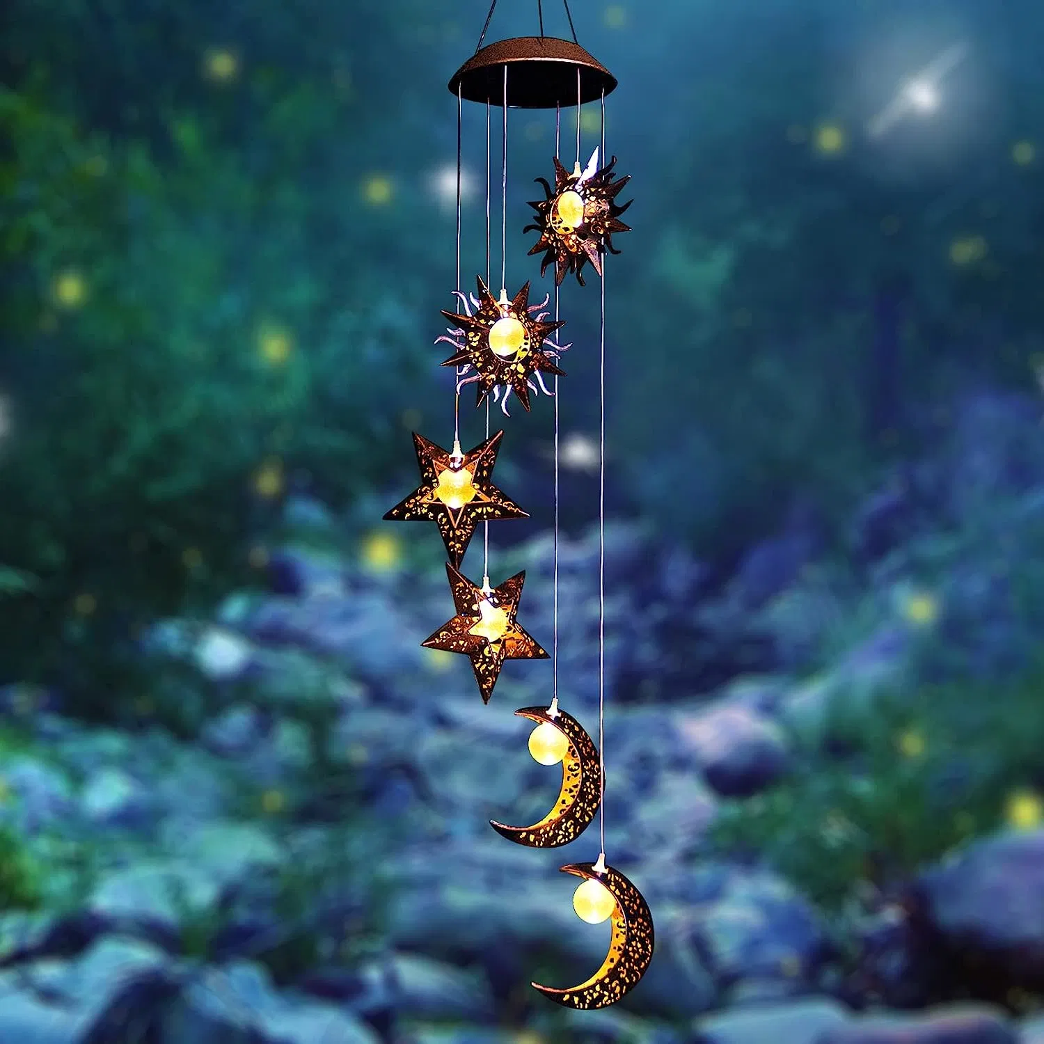 Outdoor Solar Lights Windchimes Waterproof Hanging Decorations Gifts for Garden Patio Birthday Thanksgiving Home Party Solar Moon Wind Chimes