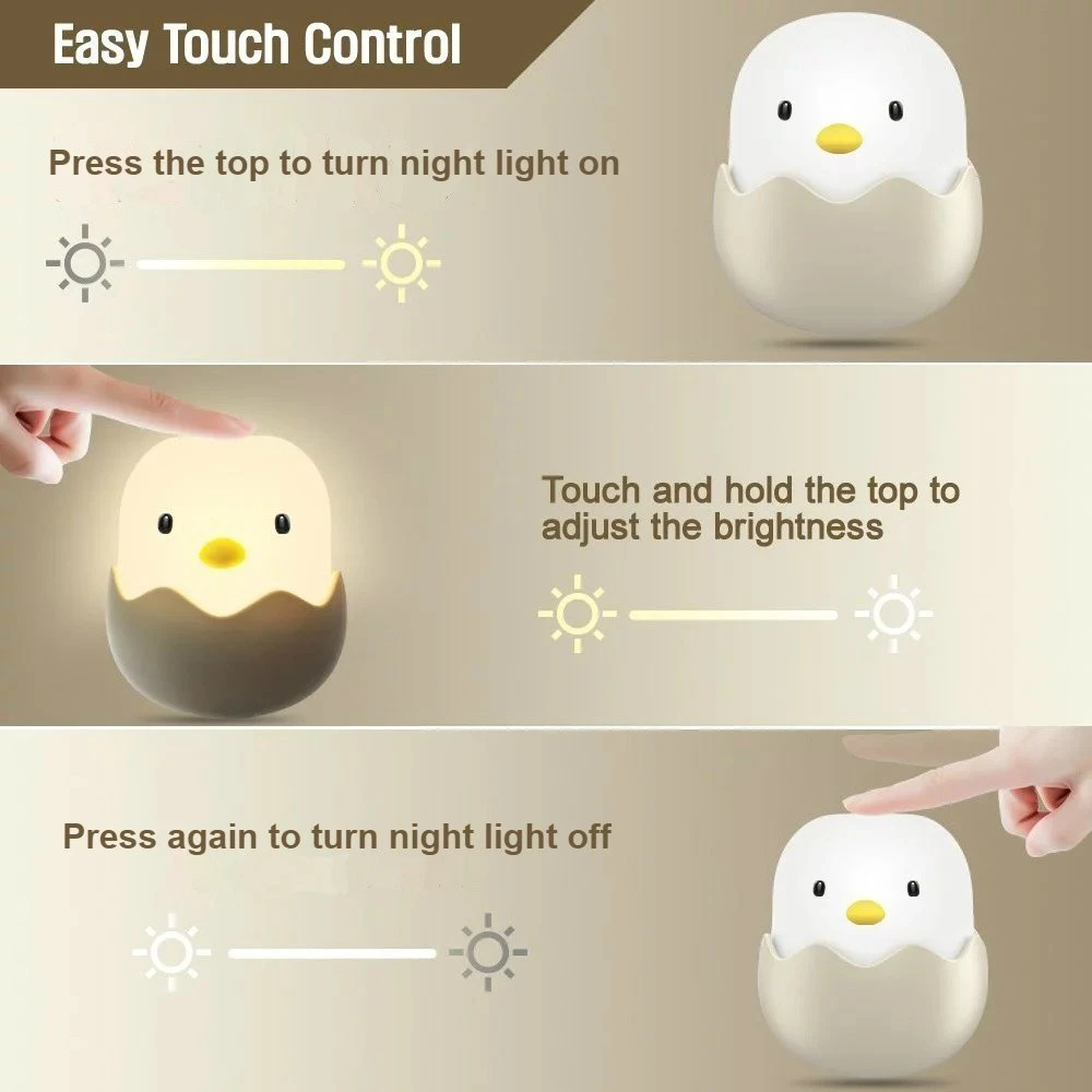 Quality Rechargeable Kids Night Decoration Lighting for Bedroom Baby Night Lamp Cute Chick Dimmer Switch Bedside Nursey Lamp Warm White/ White Mood Light