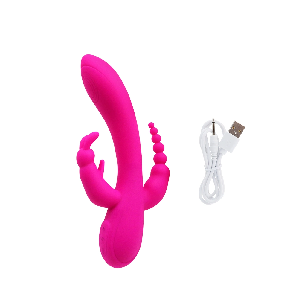 Powerful Silicone Anal Vaginal Clit Stimulator Massager 3 in 1 Rechargeable Sex Toy Dildo Rabbit Vibrator