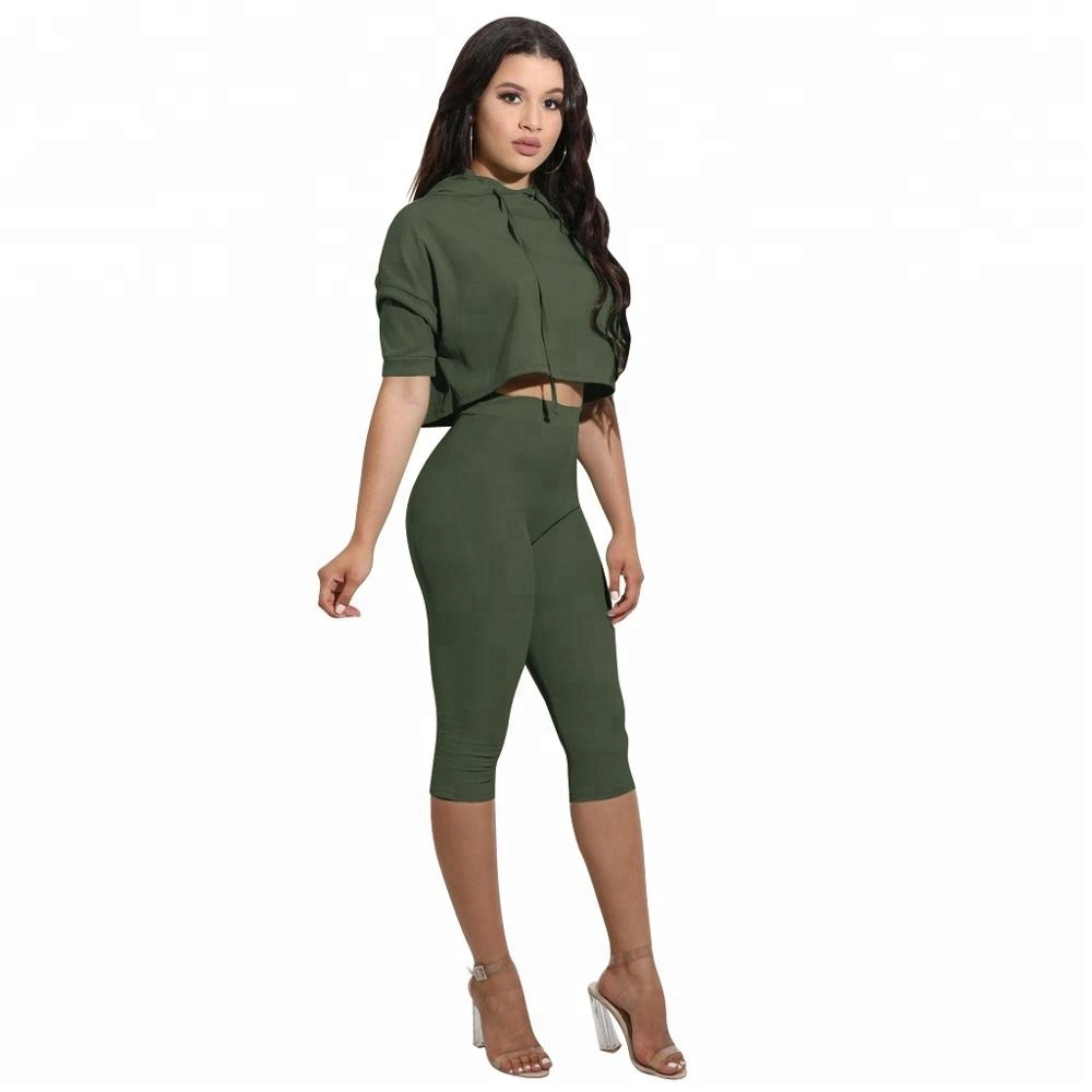 Hooded Short Sleeve Sweater Plus MID Pants Set Sportswear Women Summer Casual 2 Pieces Tracksuit