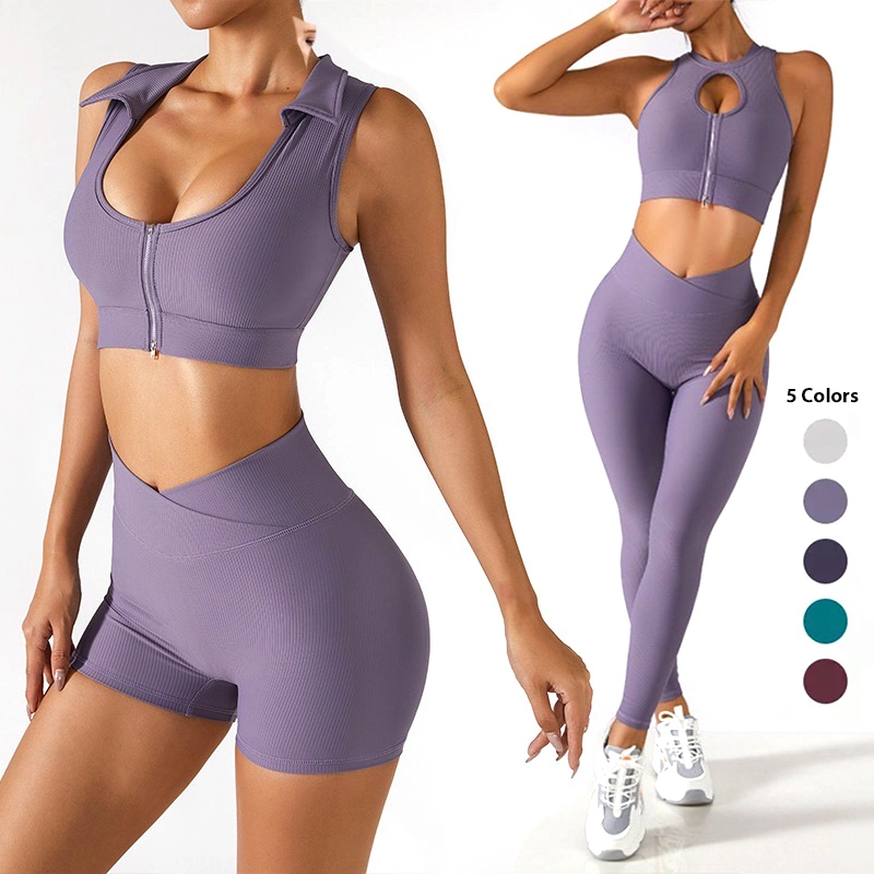 Tianchen Factory Custom Luxury and Sexy Ribbed Gym Wear for Ladies, 2/3/4 PCS Womens Zip up Fitness Top + Cross Waist Yoga Shorts Leggings Fashion Sportswear