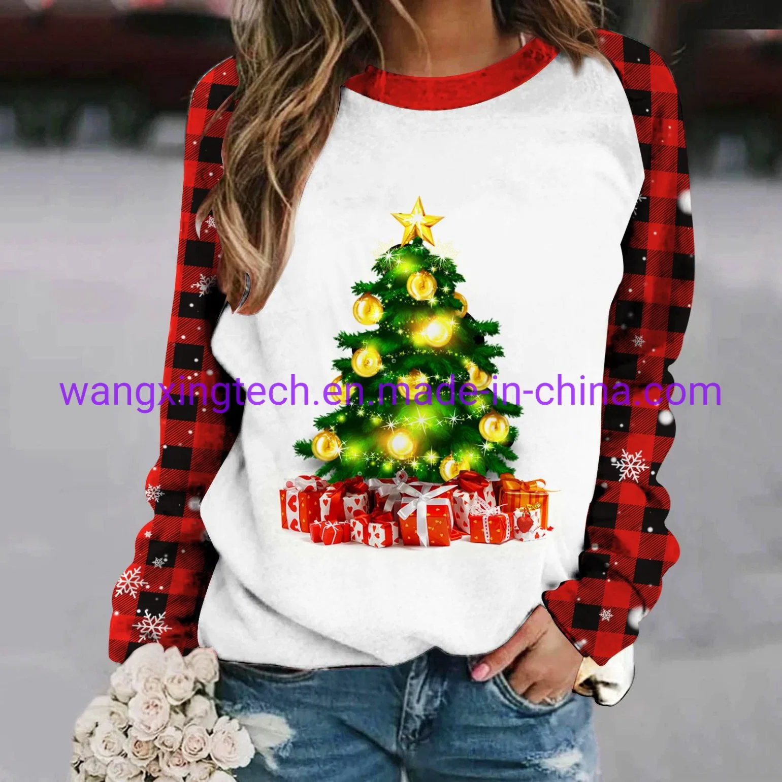 Mayorista 2022 Otoño Nuevo Digital impresión de Navidad Cartoon patrón Plaid Sudadera de cuello redondo para mujer