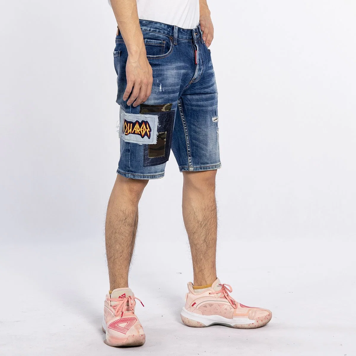 Custom Distressed Blue Five Hose Denim Patchwork Design Herren Shorts Jeans