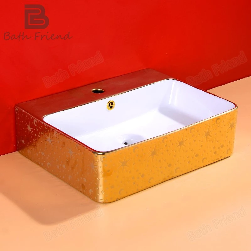 Placage or navire blanc Rectangulaire évier lavabo en céramique Table Top avec robinet le trou du bassin de comptoir