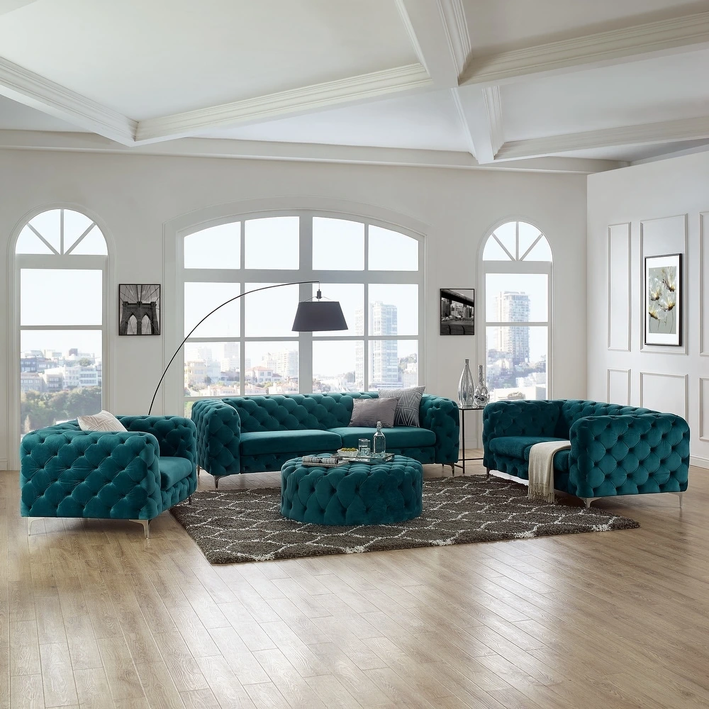 Sofá Chesterfield de terciopelo verde, sofá de tela de lujo moderno, conjunto de sofás para el hogar, muebles de sala de estar