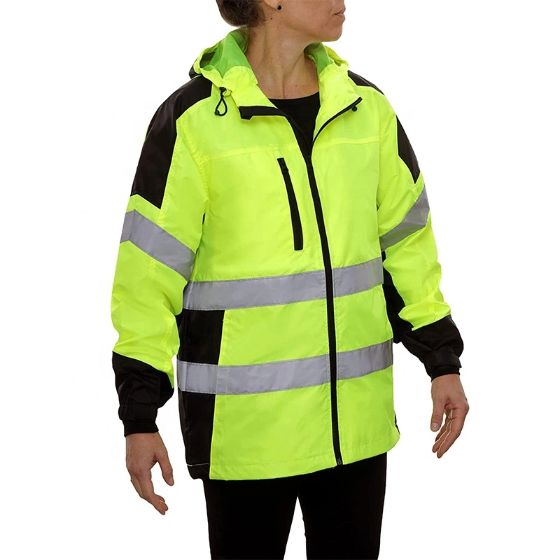 Reflective Apparel High Visibility Hooded Windbreaker Safety ANSI Class 2 Water-Resistant Shell Jacket