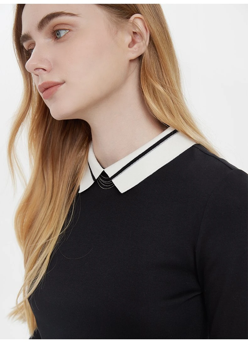 Color-Blocking Lapel Cotton Polo Shirt Slim Long Sleeve Blouse