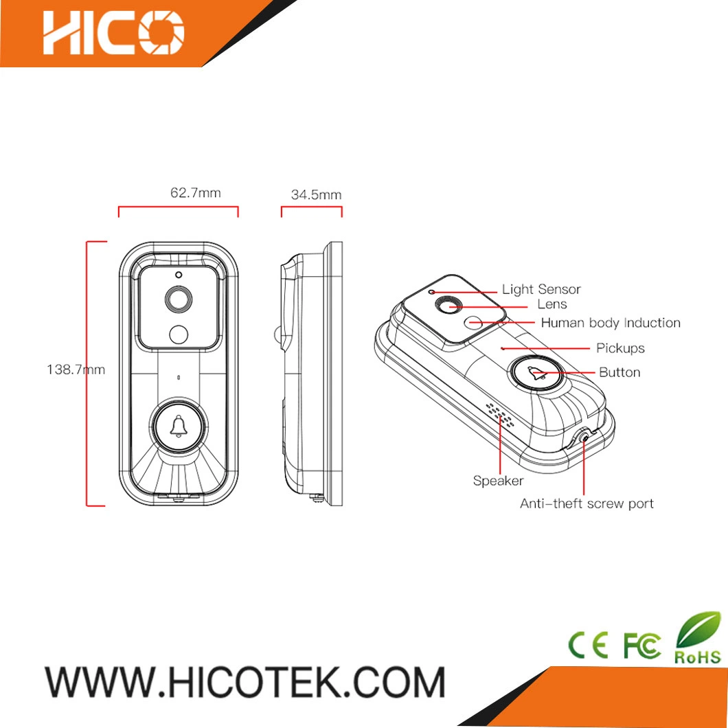 نظام الرؤية الليلية للعمل الداخلي اللاسلكي المزود بتقنية Hoicotek app للصوت ثنائي الاتجاه باب الفيديو كاميرا الهاتف