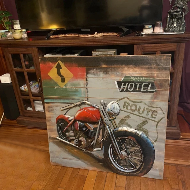 Vancy Arts 3D Metal Wall Art on Wood Route 66 Motorcycle Wall Art Metal Home Decor Original Hand Crafted Oil Painted Masterpiece