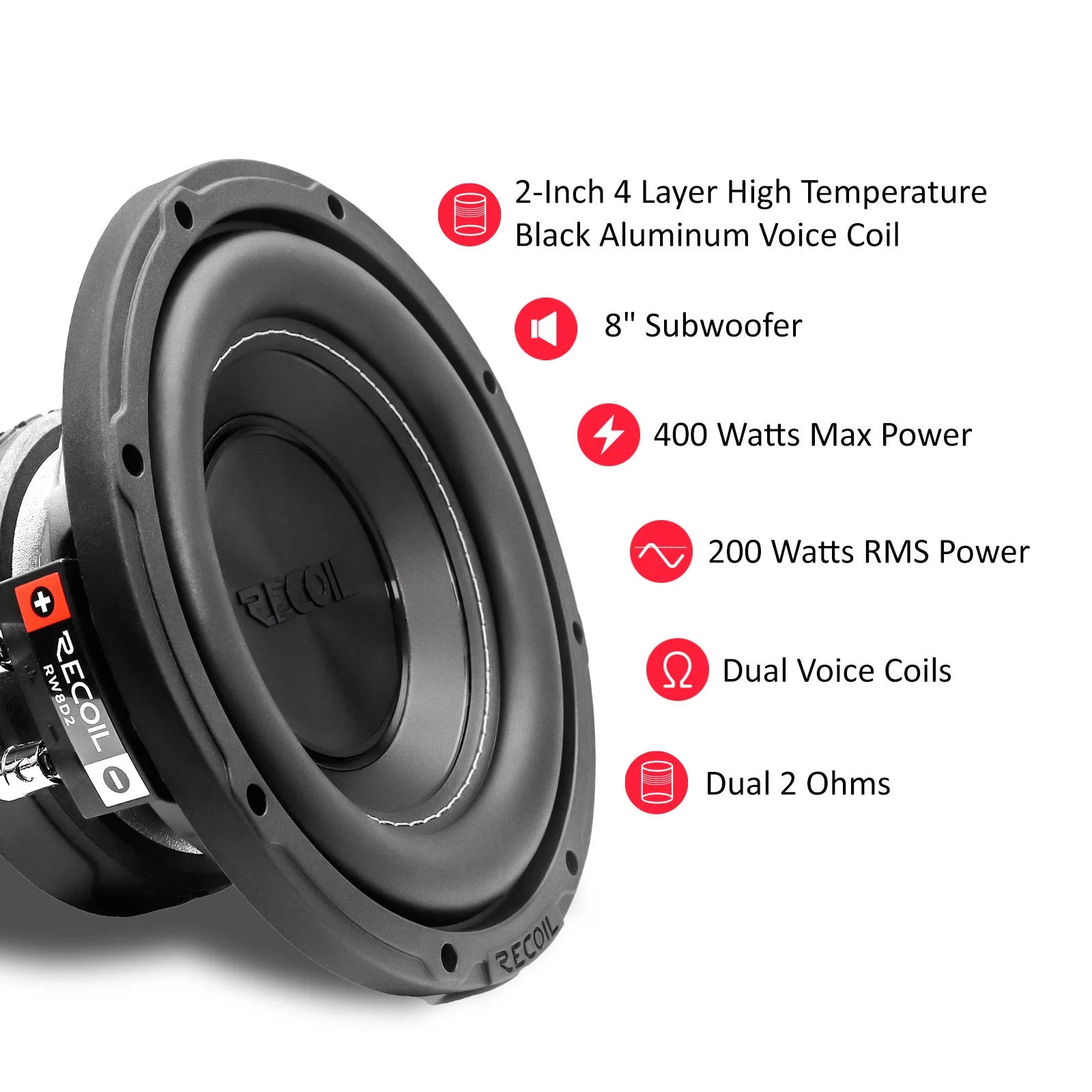 RW8d4 Echo Series 8 Inch 400 Watts Power Dual 4 Ohm Voice Coil, Car Subwoofer