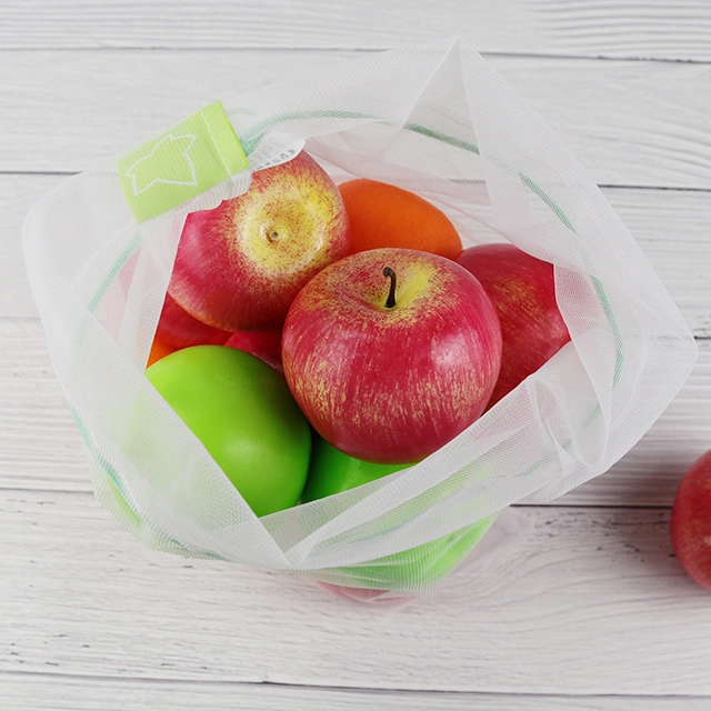 Custom White Shopping Fruits and Vegetables Packaging Reusable RPET Drawstring Mesh Bag