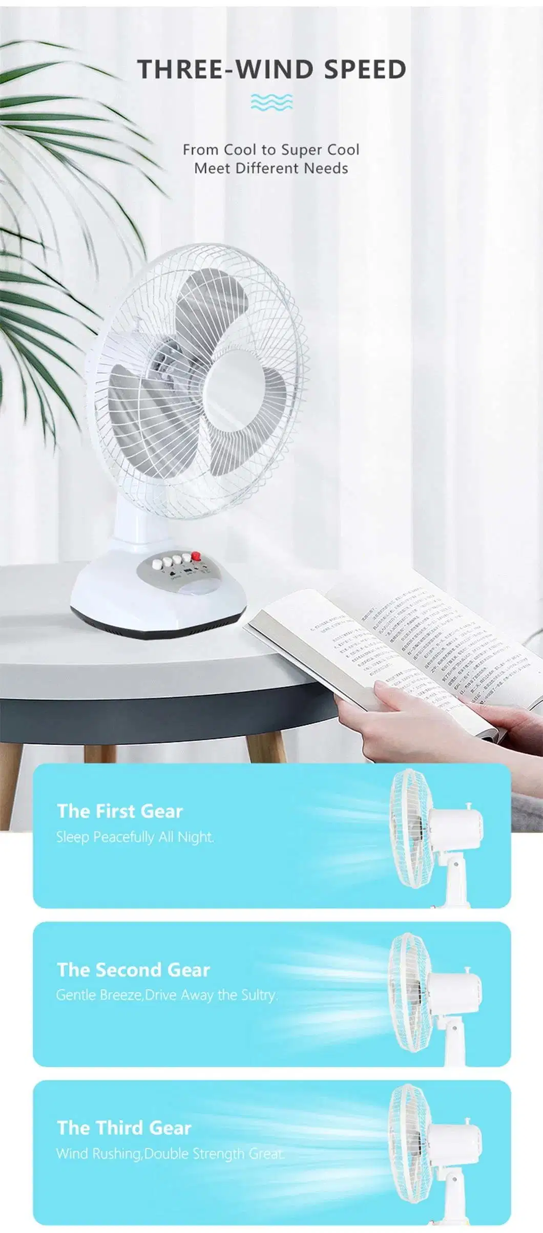 12" Home Solar Battery Rechargeable DC Table Fan with LED Light