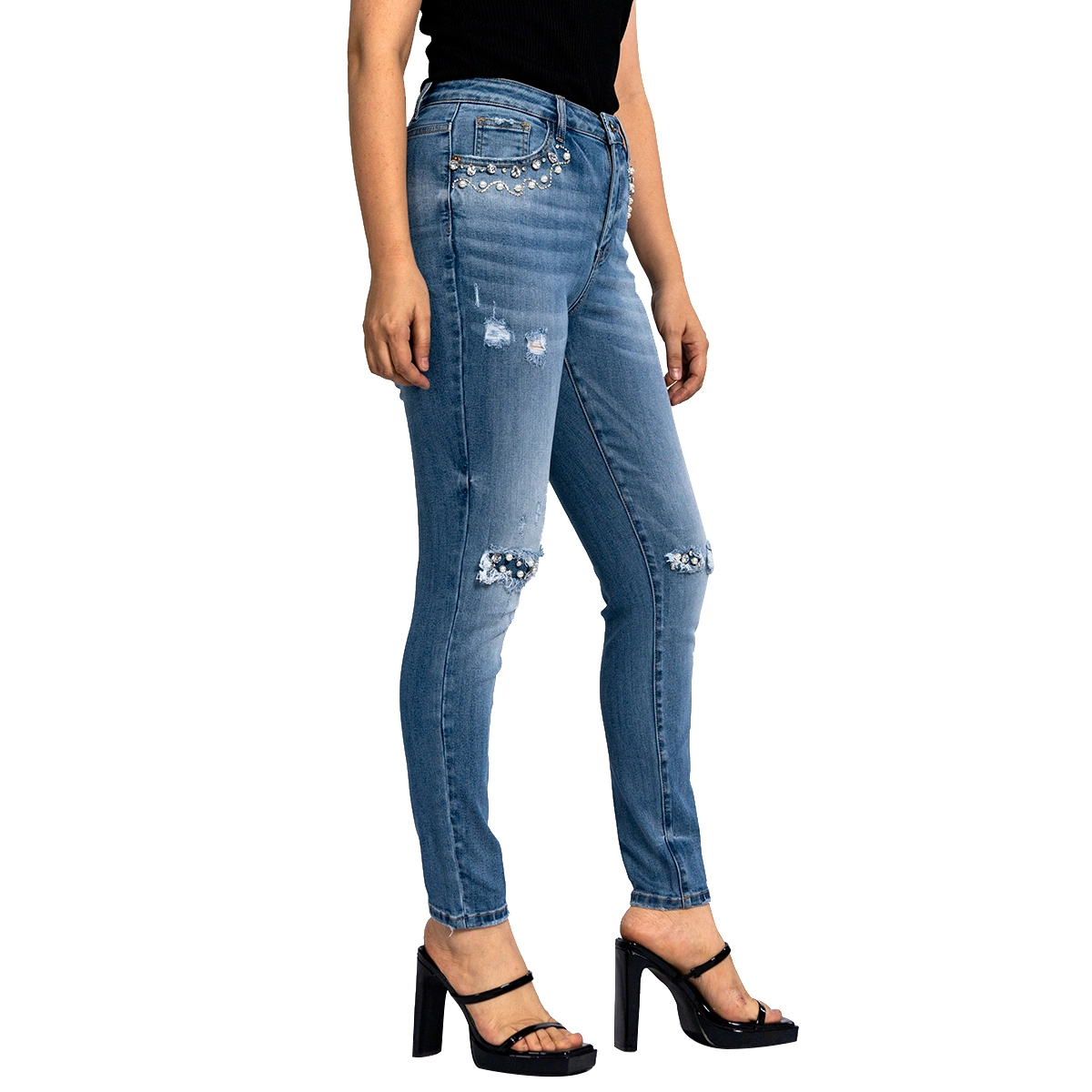 Biselado Appliqued azul Ripped jeans ajustados para la Mujer