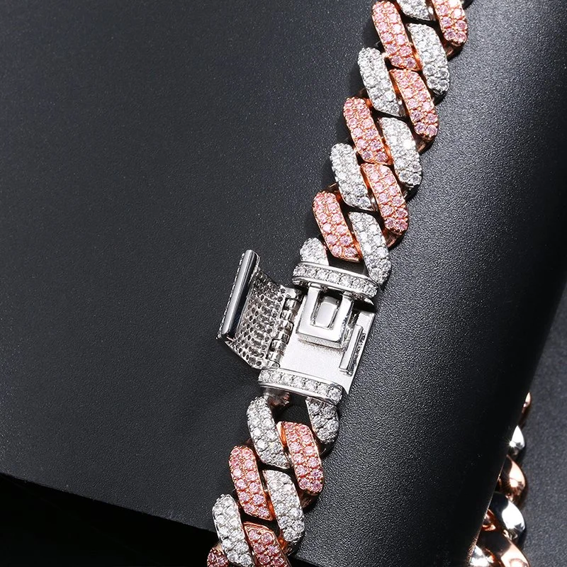 Chapado en oro de lujo en color rosa Cuban Link Iced fuera de la cadena de diamantes para mujer