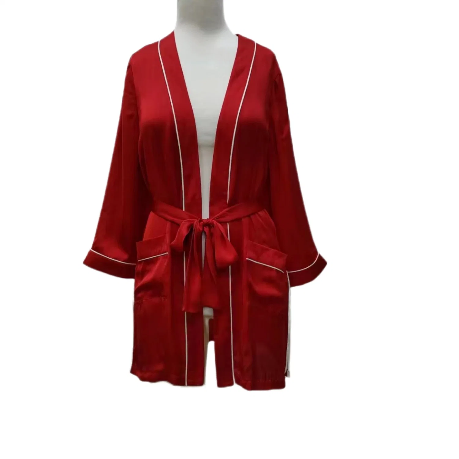 Satin Red Woven Garment Girl Ladies Dress with Contrasted White Binding and Belt