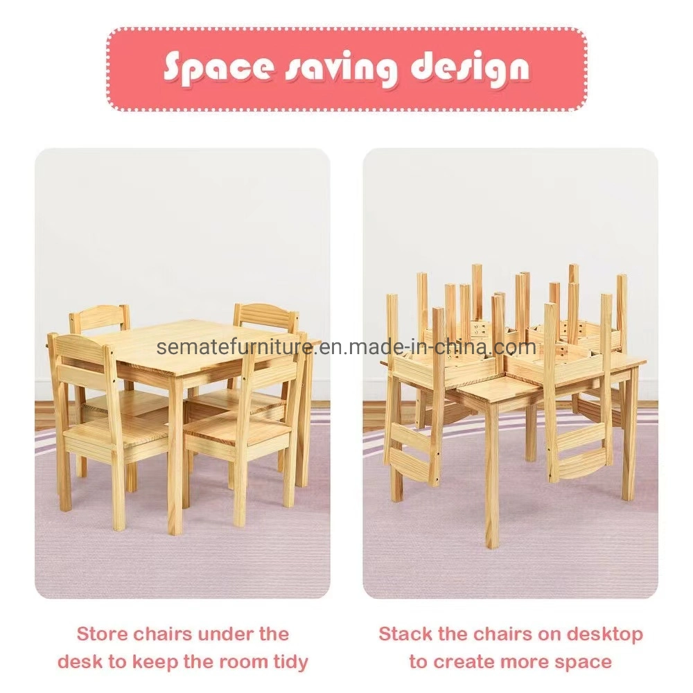 Factory Wholesale/Supplier Sturdy Kids Furniture Stable Pine Wood Kids 5 Piece Table Chair Set for Children Play Room