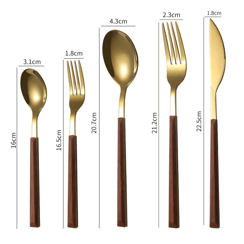 Stocked Korean Ins Wooden Handle Stainless Steel Gold Cutlery Set