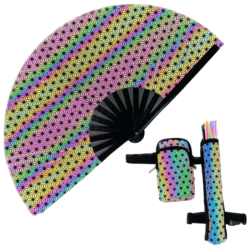 Holográfico Mayorista/Proveedor Iridescent Bambú reflectante Gran mano plegable Fan Party Ventilador portátil de mano Roud Rave plegable con bolsa de funda