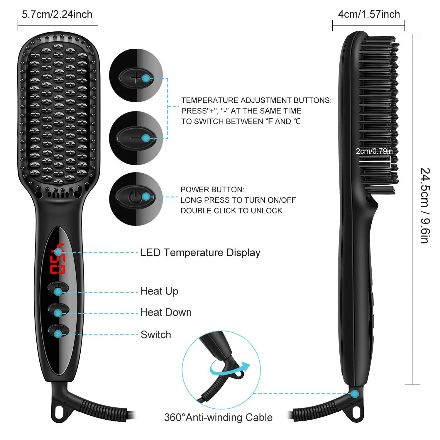 Multi Functional 3 in 1 Temp Control Hair Beard for Women Men Versatile LCD Display Electric Straightener Brush Comb