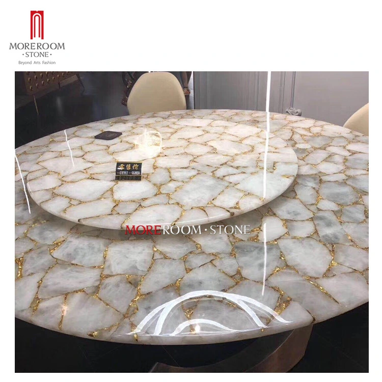 Home Furniture 8 Seater Golden Foil Inlay Natural Quartz White Crystal Round Countertops