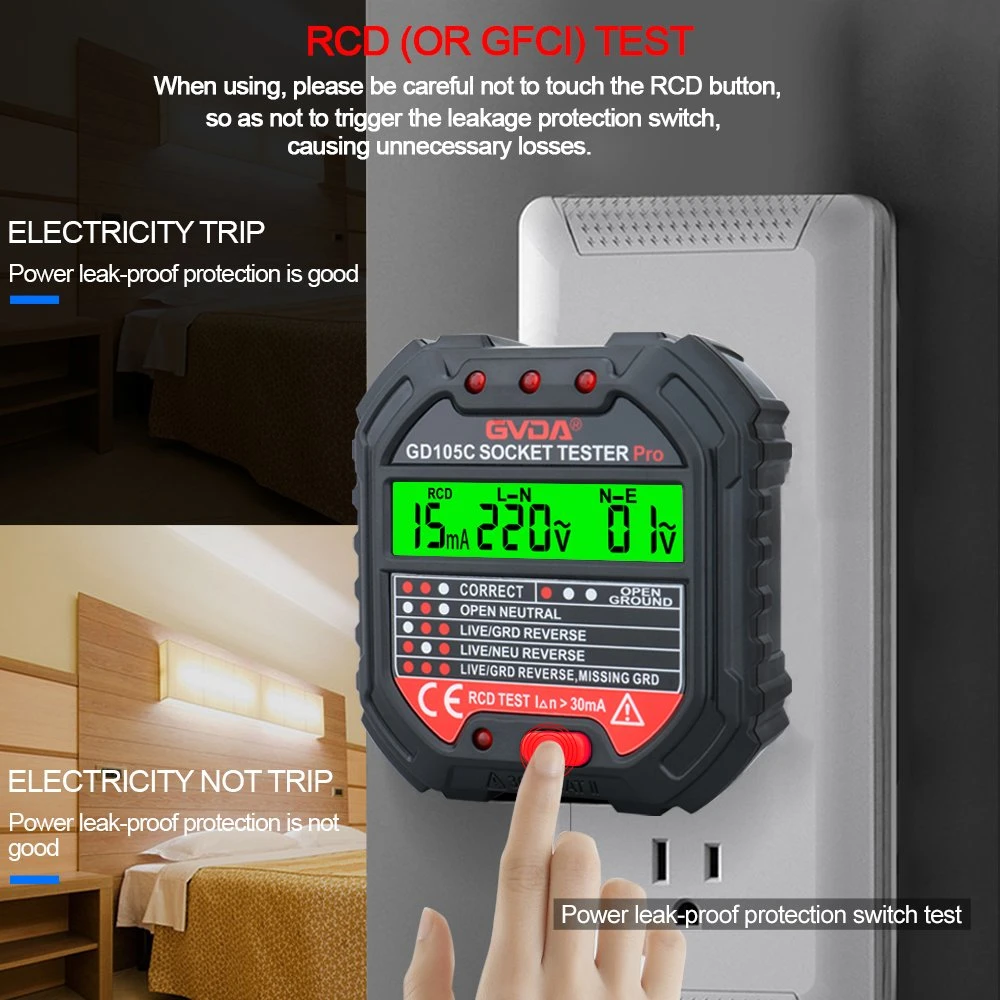 Gvda Probador de salida de receptáculo GFCI eléctrica detector con pantalla LCD, de 3 puntas 120V AC Comprobador de toma de tensión, el 6 de la indicación visual / Leyenda del cableado para el hogar