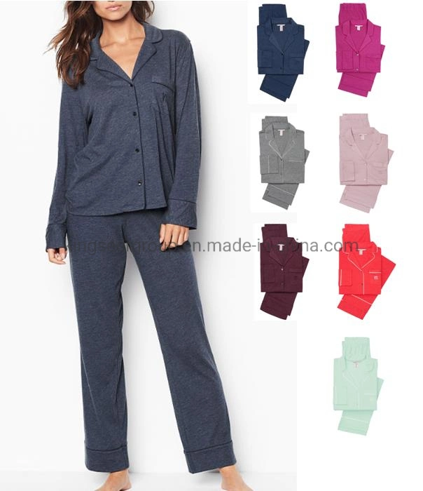 Homewear fonction bouton de mode sommeil confortable chemise et pantalon en tissu de coton à manches longues pour les femmes Ensemble Pyjama peignoir de bain