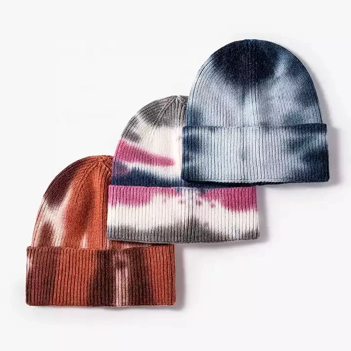 Sombrero de punto de invierno caliente de alta calidad al por mayor con corbata teñida Hip Hop Beanie diaria