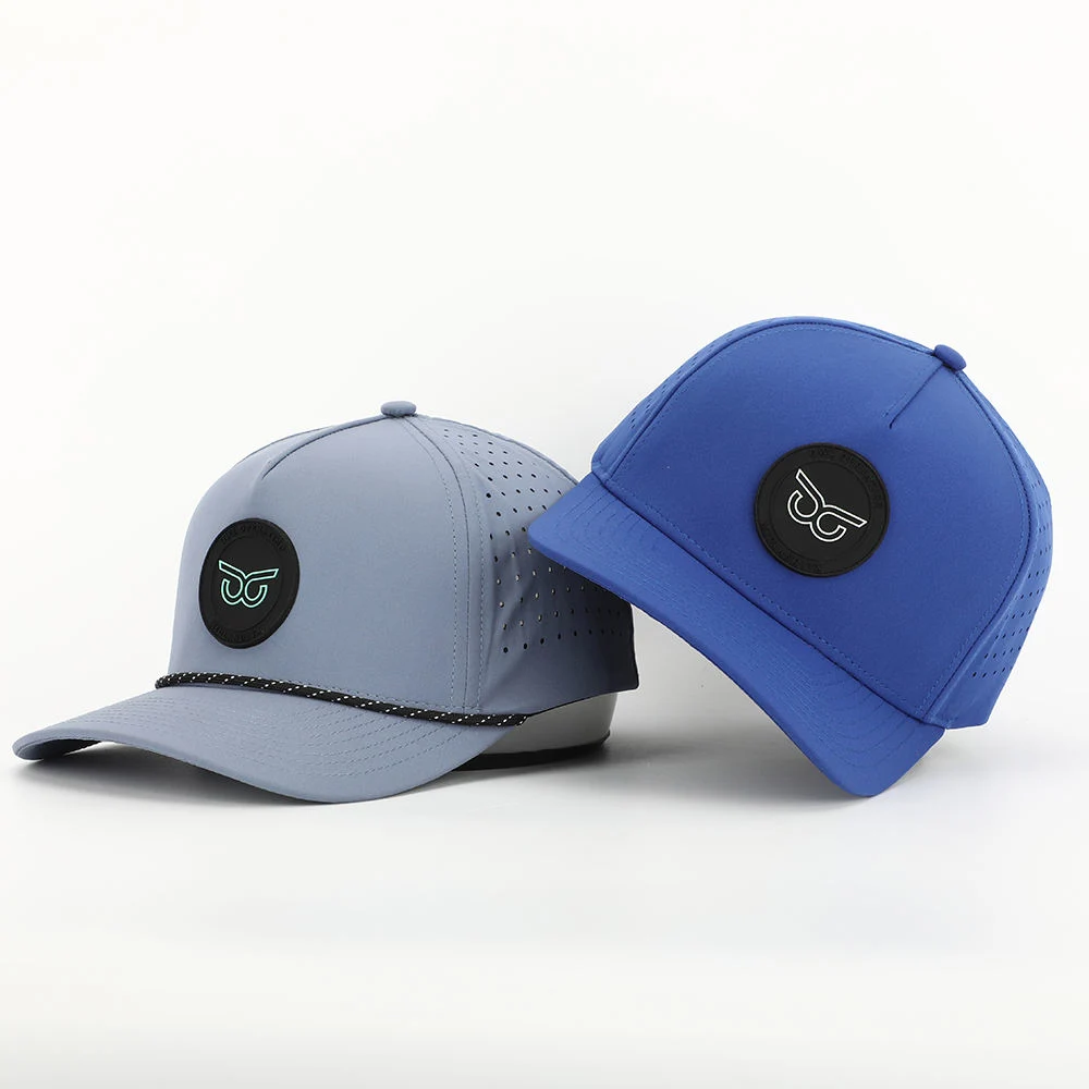 New Fashion Custom PVC Patch Logo 5 Panel Waterproof Polyester Sport Golf Hat, Laser Cut Perforated Dad Gorras, Rope Baseball Cap