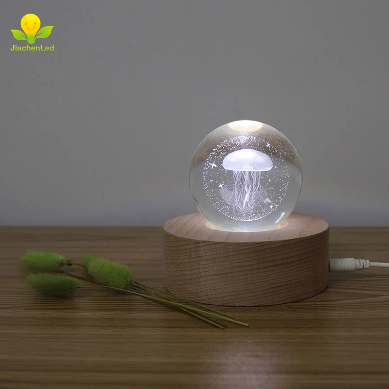 Magic Jellyfish 3D Crystal Night Lamp Wooden LED Base USB Mood Light