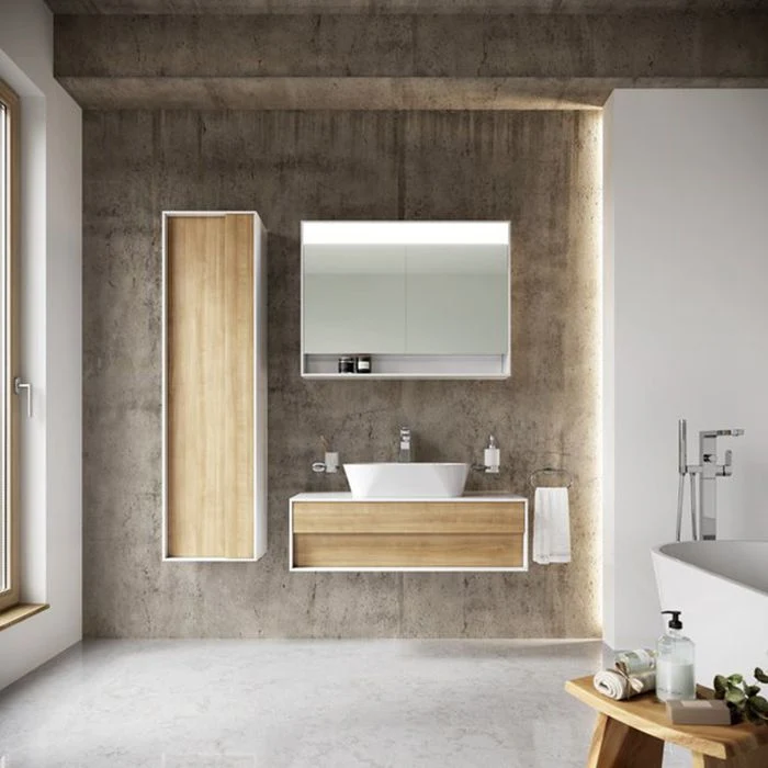 Vama 100cm dobrada modernas placas de madeira laca Branco Brilhante e folheado de madeira de carvalho na casa de banho conjunto de móveis