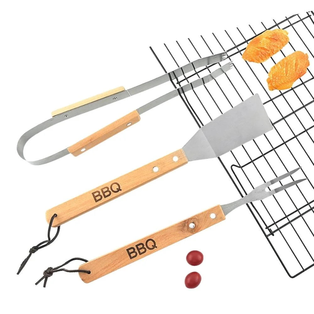 3-pièces en acier inoxydable, manche en bois Jeu d'outils pour Barbecue Barbecue Grill set spatule cuire Tongs Barbecue Barbecue personnalisée Outils réglés Wbb21870