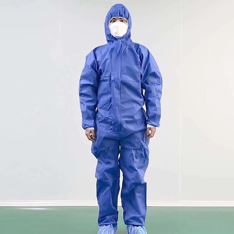 Non Woven 3ply Waterproof Painting Workwear Hooded Protective Clothing SMS Blue Dust-Proof Clothes Free Sample Supply