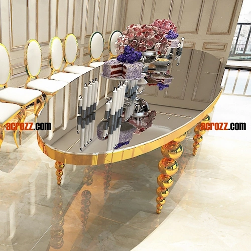 Original Factory New Fashion Design Party Wedding Table Gold Silver Stainless Steel Plating Marble Orglass Desktop Glass Luxury Event Oval Banquet Table