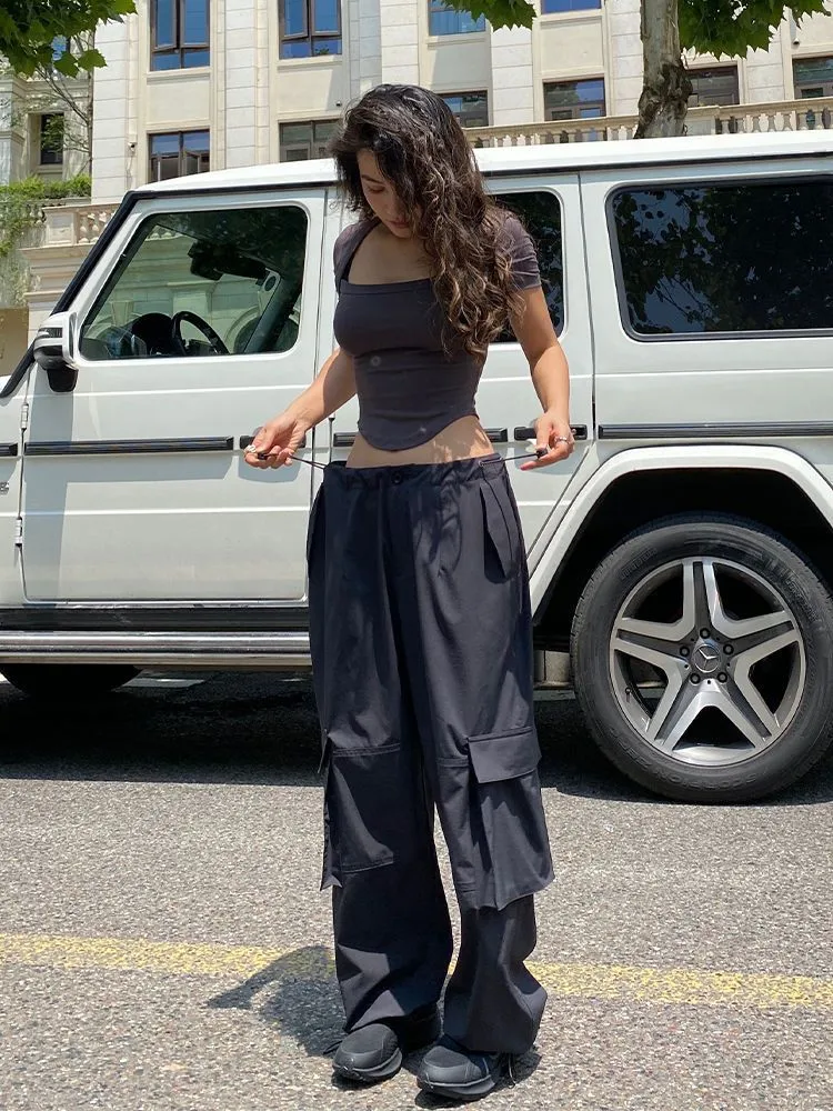 Street Wide-Leg Pants Drawstring Quick-Drying Retro Hot Girl Hip-Hop Bundle Feet Parachute Pants Loose Overalls