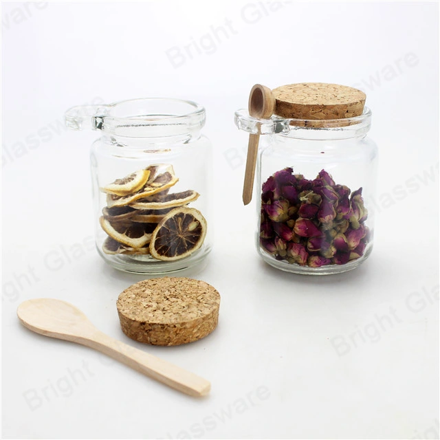 Hot Sale 8oz Glass Storage Jar with Wooden Spoon and Cork Lid