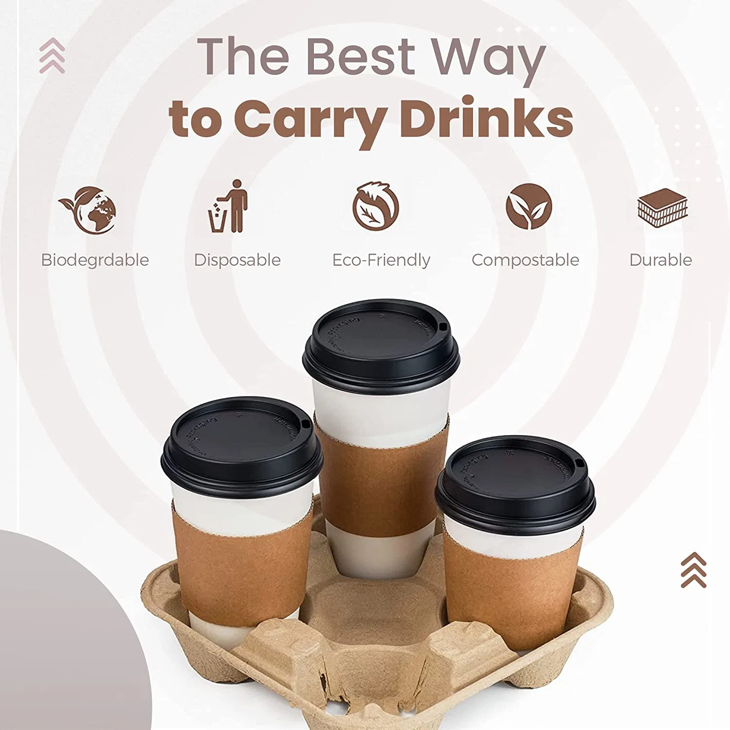 4-Cup Pulp Fibra de bebidas Bandeja portacubetas biodegradable, compostable Portacubos desechables Caja de transporte para bebidas para conductores de entrega y viaje