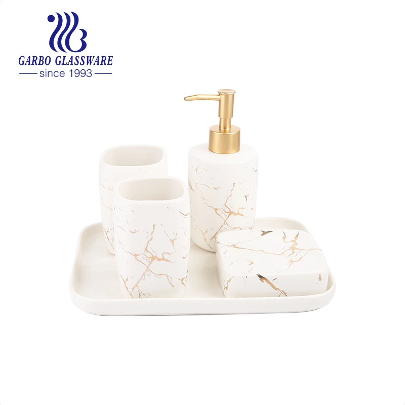 Bathroom Set Bathroom Accessories Set Marbling Design Ceramic Bathroom Set Ceramic Cup Dispenser Soap Plate Tray Toothbrush Holder Lotion Bottle 5PCS Set