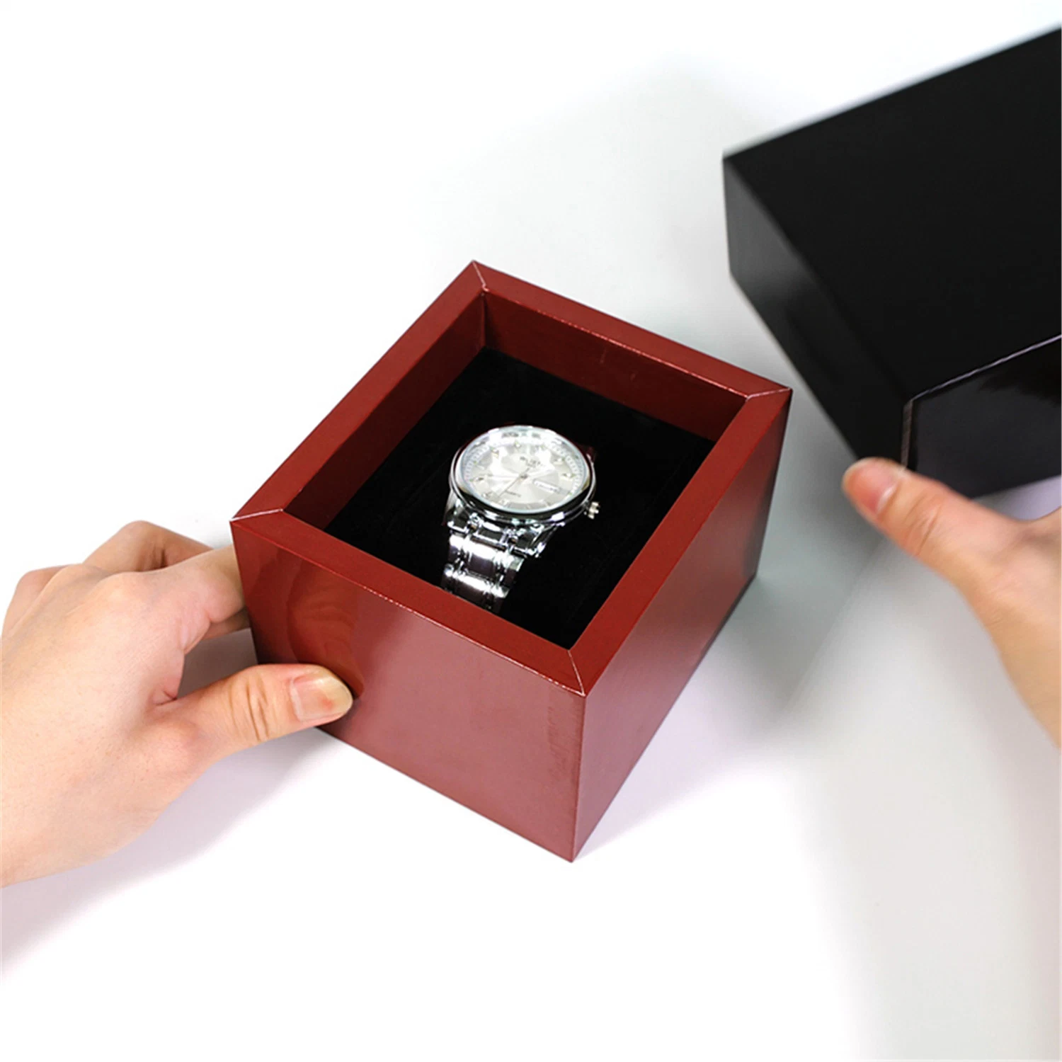 High End Glossy Lamination OEM Black &Red Rigid Wooden Paper Watch Box