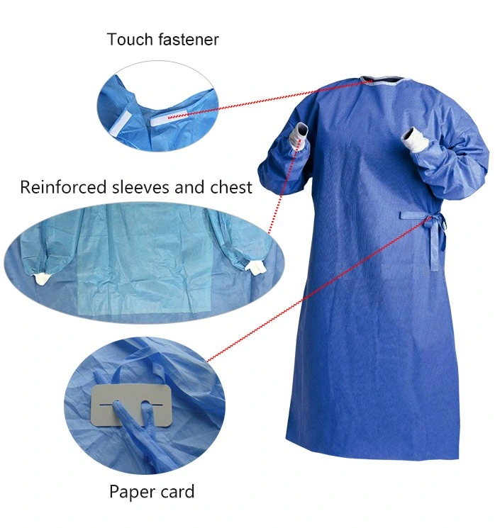 Latex Free Fluid Resistant Disposable SMS 40GSM/45GSM Surgical Gown with Knitted Cuffs