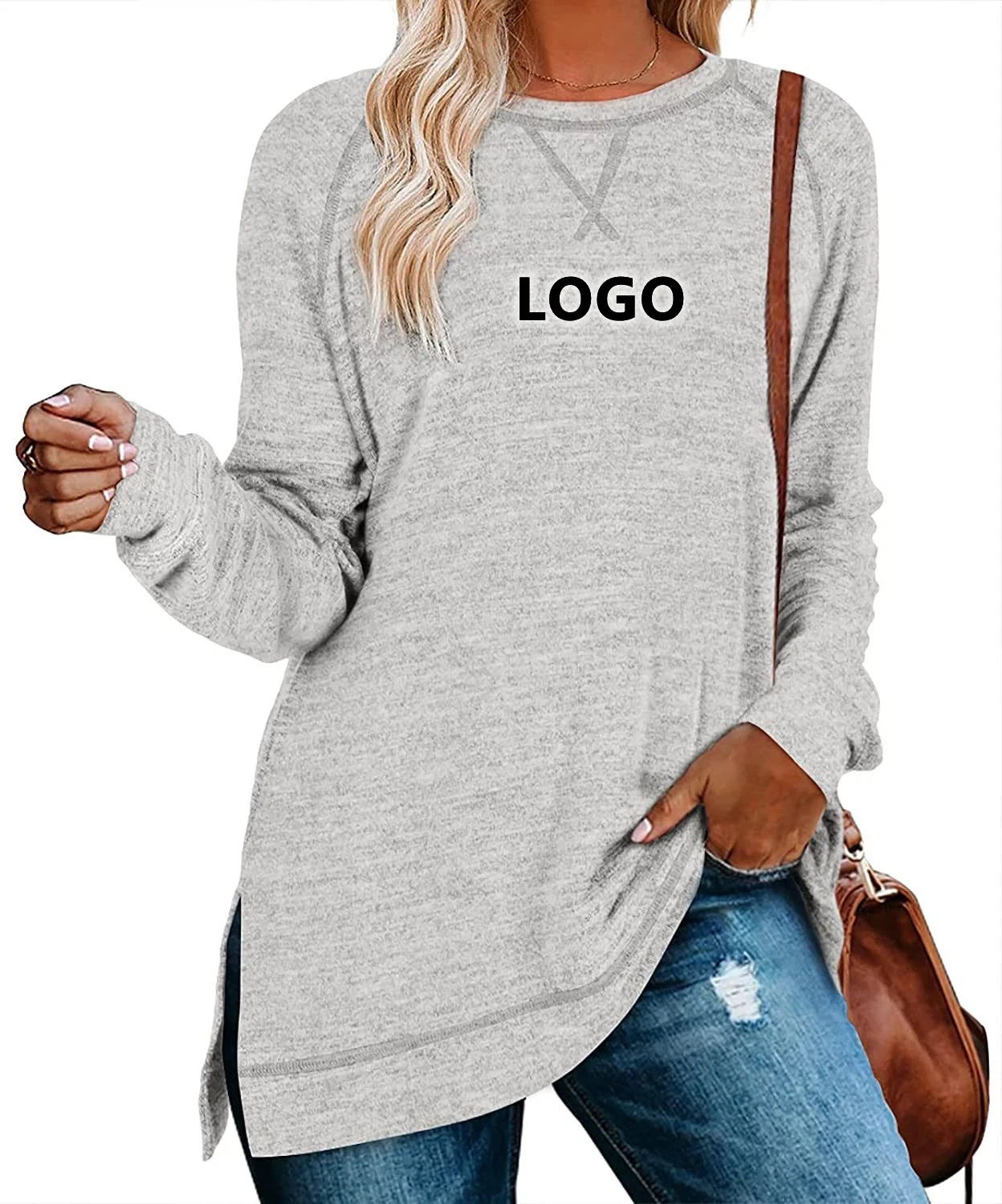 Venta caliente ligeros jerséis de Mujer Camisetas de manga larga Sudadera caliente suave lado hendido túnica Tops de Leggings