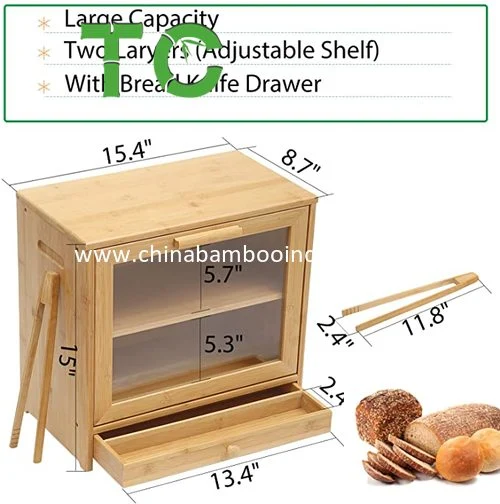 Wholesale/Supplier Bamboo Bread Box with Sliding Cutting Drawer Bread Bin with Front Window, Adjustable 2 Layer Food Storage Bin with Removable Layer