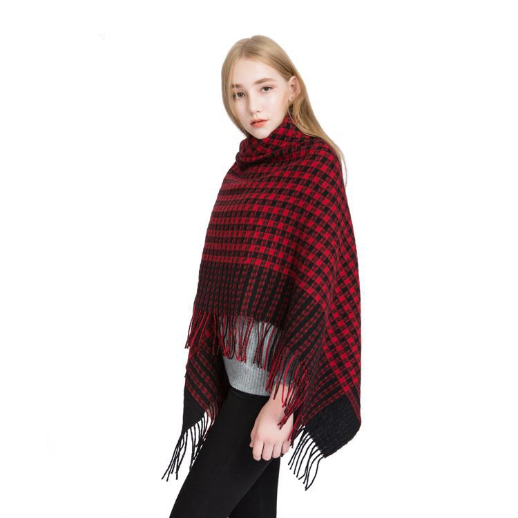 High-Quality Red and Black Double-Sided Plaid Winter Soft Women Wool Scarf Shawl