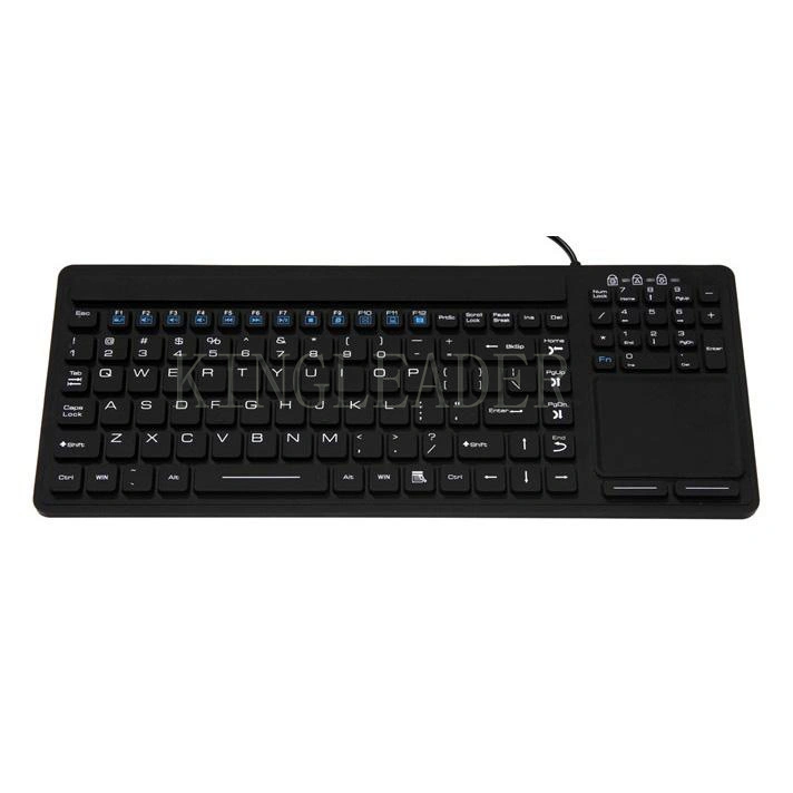 Clavier industriel médical en silicone robuste IP68 lavable, désinfectable, antivirus, avec pavé tactile intégré, 12 touches de fonction et pavé numérique.