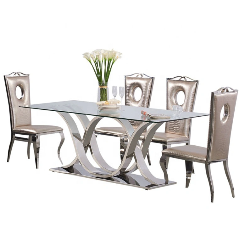 Contemporary Marble Dining Table with High Gloss Stainless Steel Base