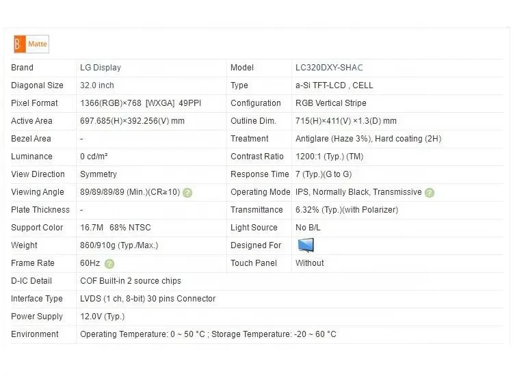 LC320dxj-Shac 6870s-1578c Remplacement du panneau d'affichage LCD LG Écran de télévision LCD 32 pouces Panneaux Cellule ouverte Écran de télévision LED pour télévision.