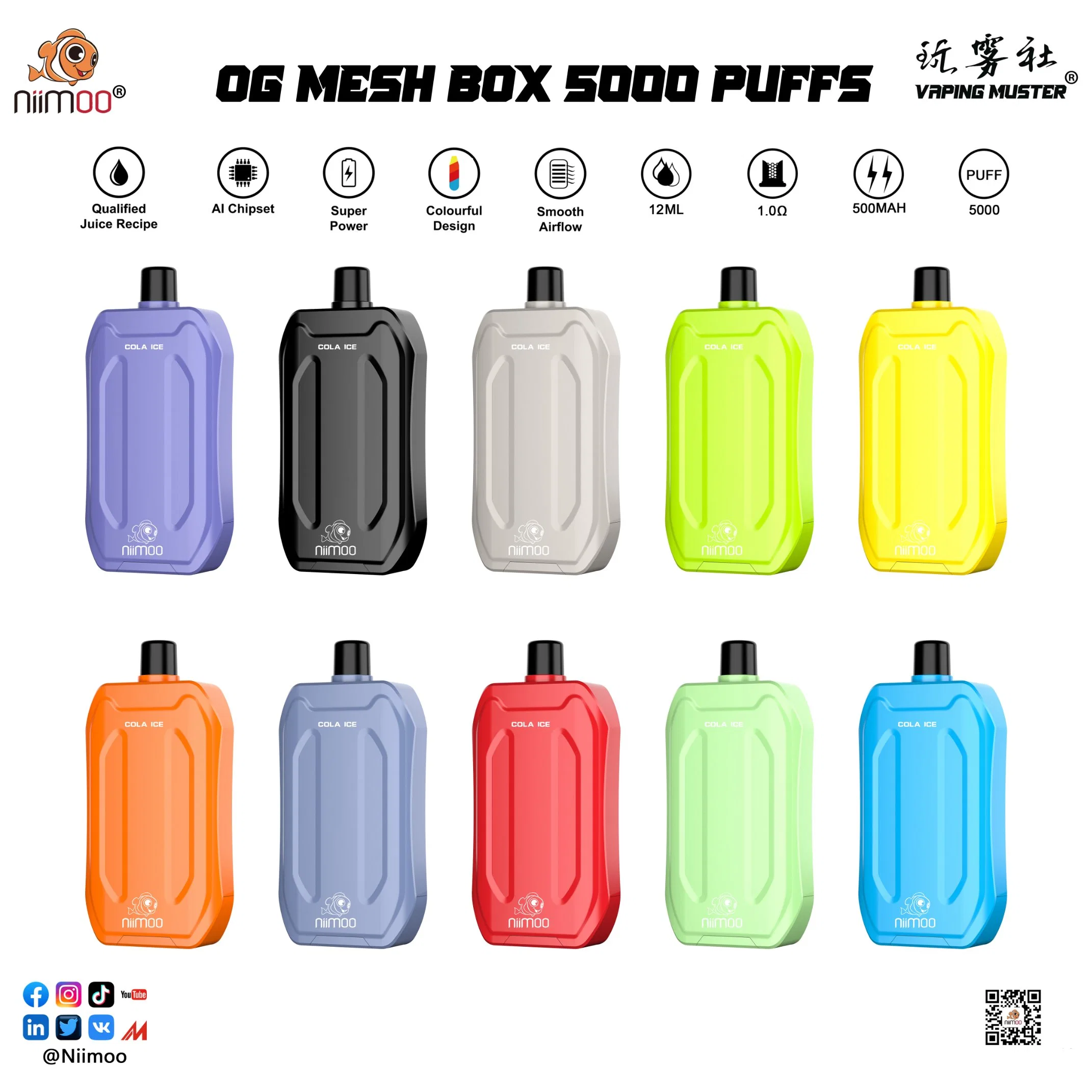 Niimoo Nueva llegada 12ml 5000 Puffs VAPE Pod malla bobina Tipo C E Cigarete de pago