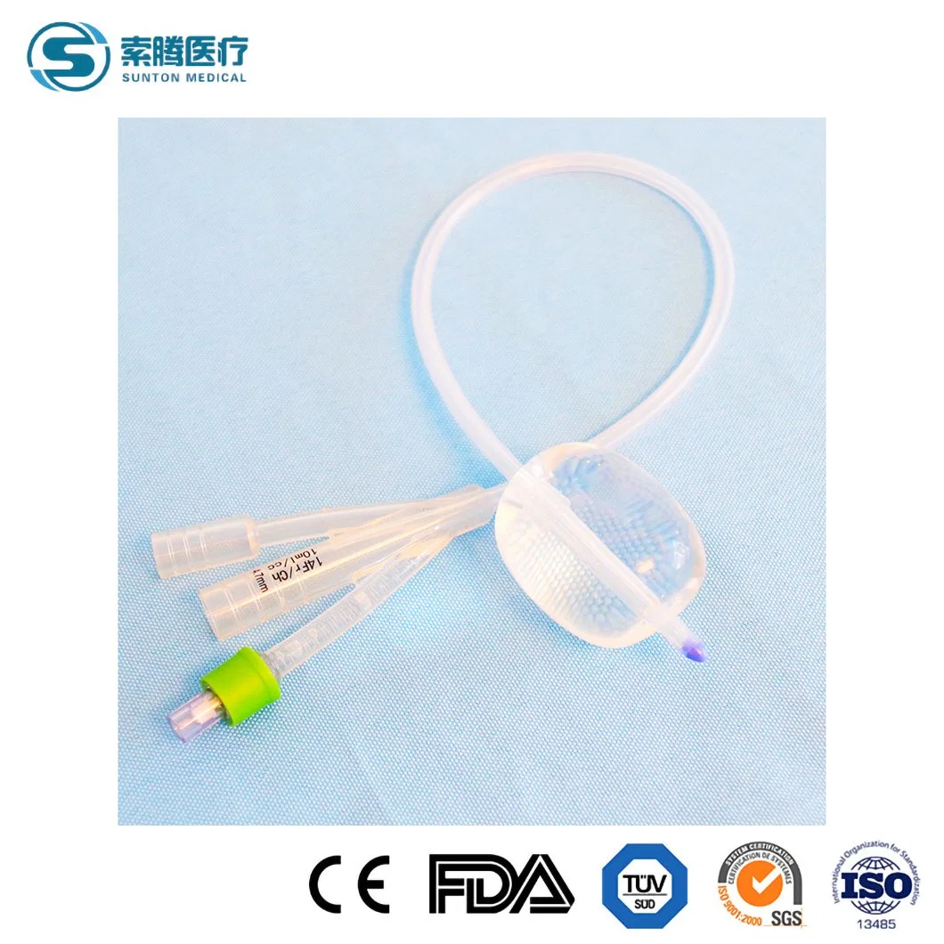 Sunton China 2 Way 3-Way Double Balloon Triple Lumen 2 Way CH18 Light Blue All Silicone Urinary Foley Catheter Sample Available Foley Catheter Manufacturing