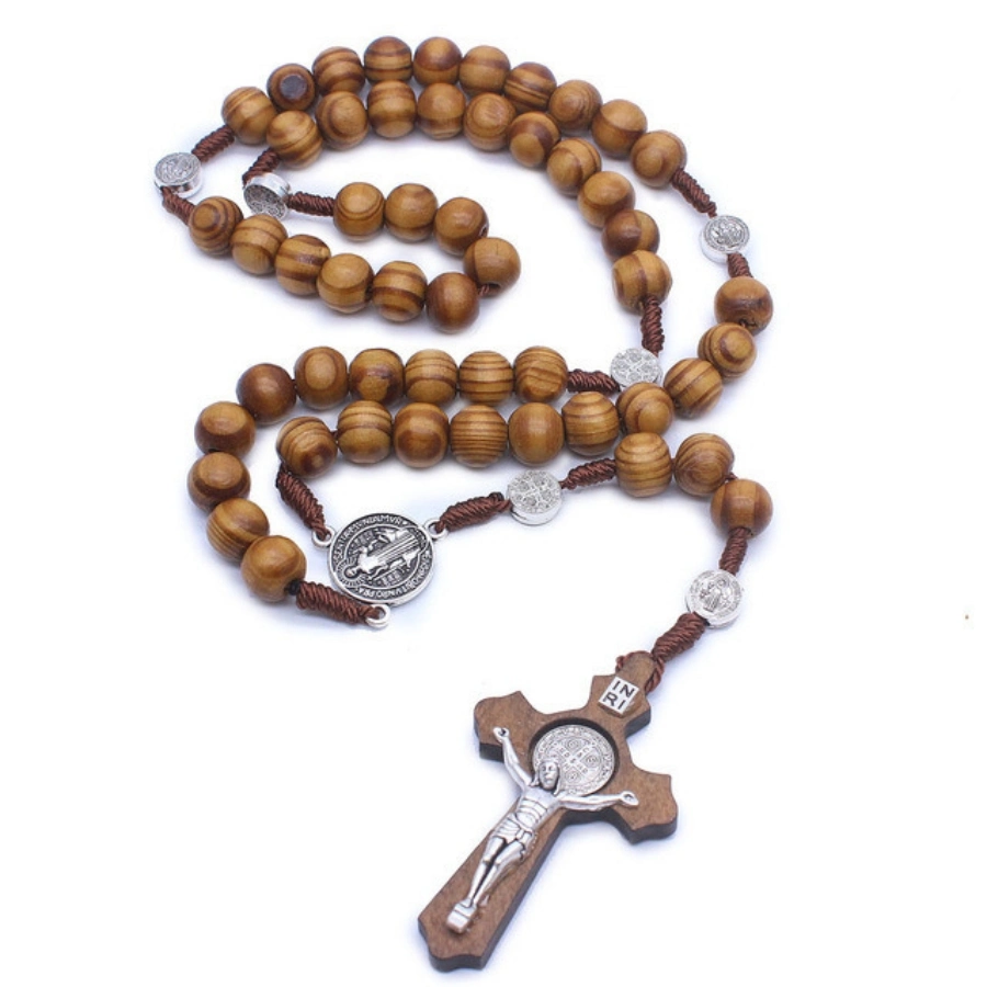 Cross Jesus Virgin Mary Pendant Necklace Wooden Long Beaded Chain Rosary Necklaces