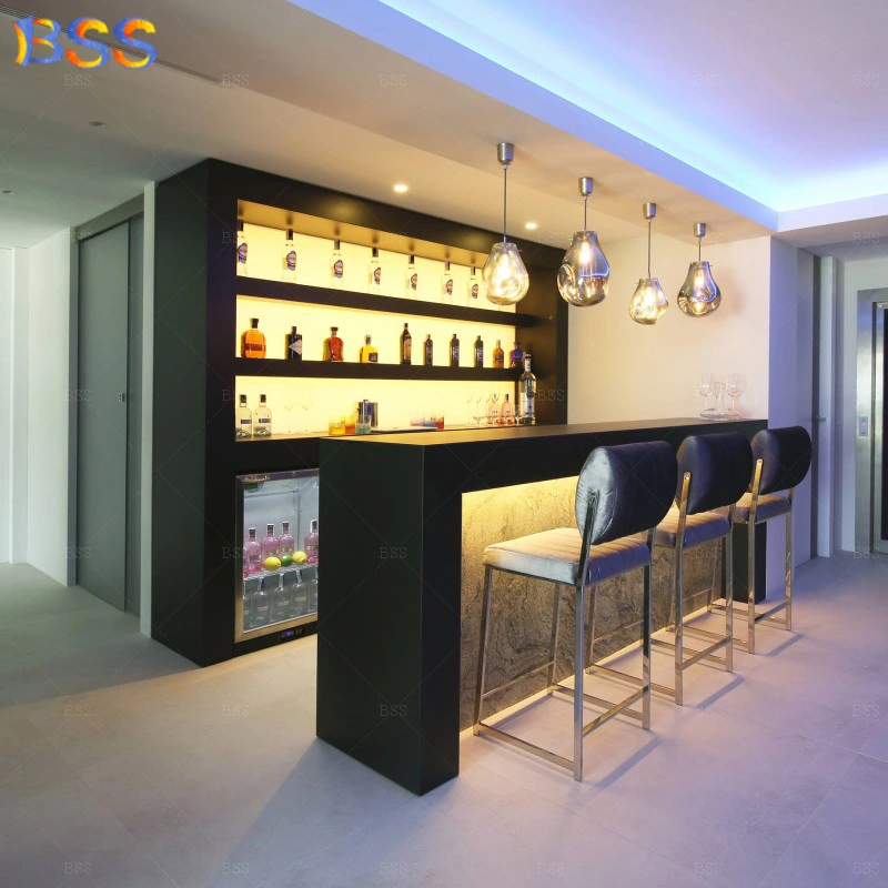 Black Home Bar Counter with Display Stone Veneer Bar Counter